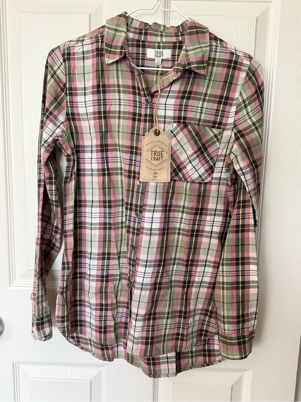 True Craft Women’s Plaid Button-Up Shirt XS NWT Olive Pink Long Sleeve